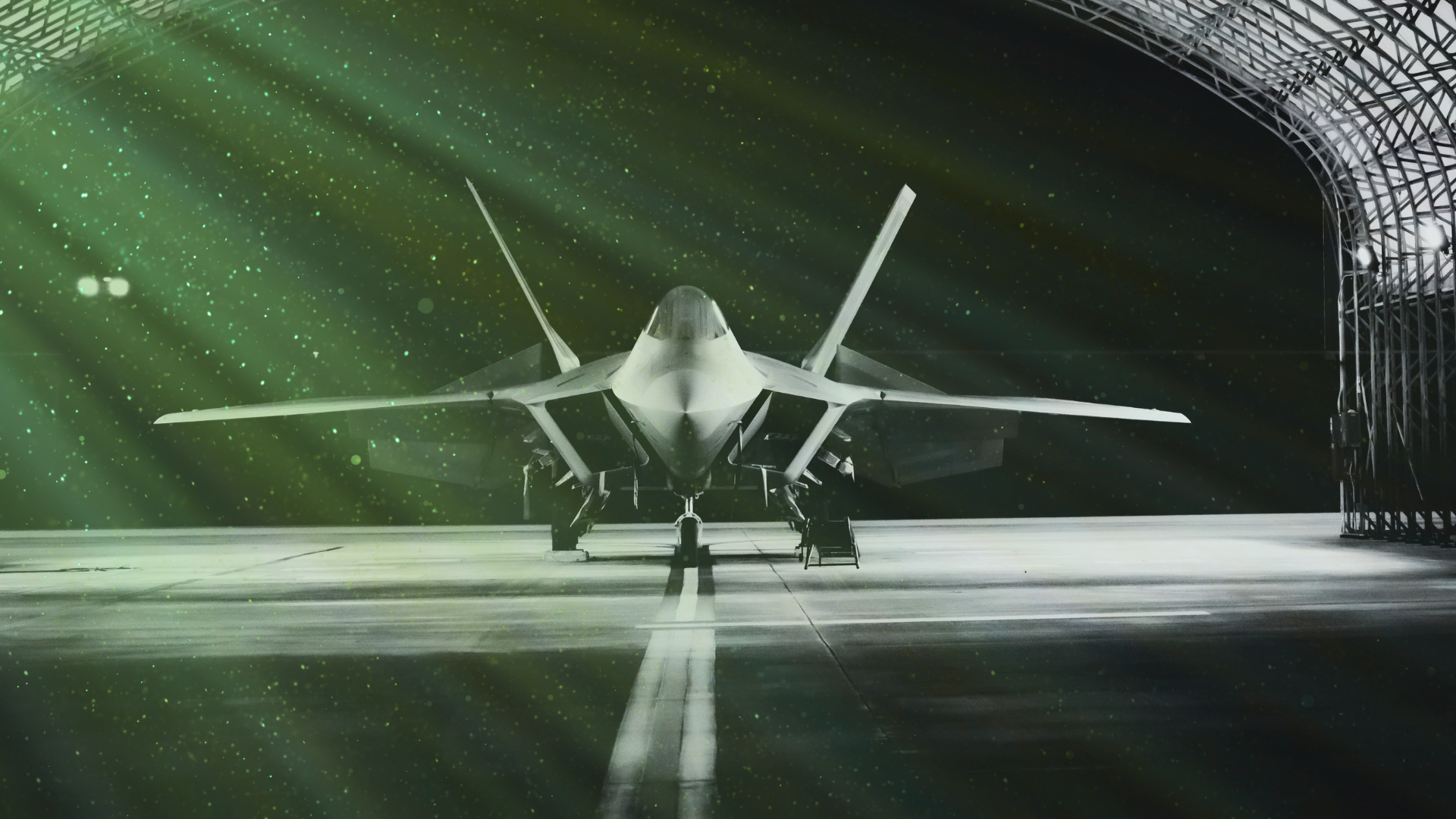 Aeroplane with green beam coming in from the left